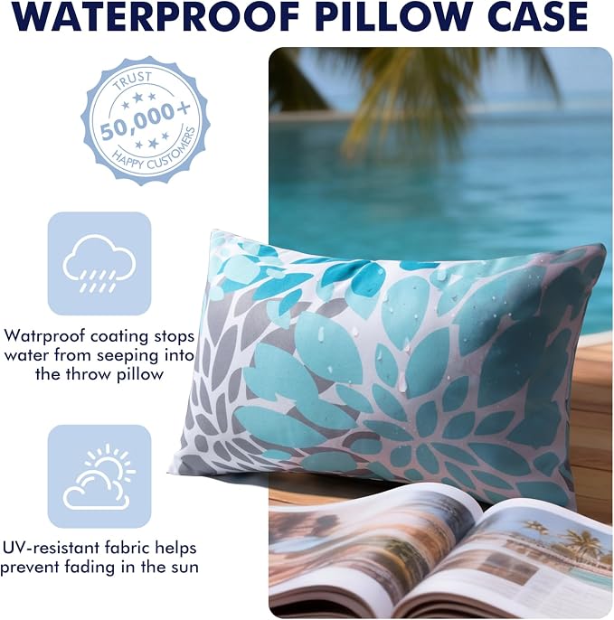 12x20 Waterproof Outdoor Pillows, Set of 2 Outdoor Lumbar Pillows | Patio Furniture Pillows, Decorative Throw Pillows, Waterproof & Fade Resistant, Removable & Washable, Blue Color