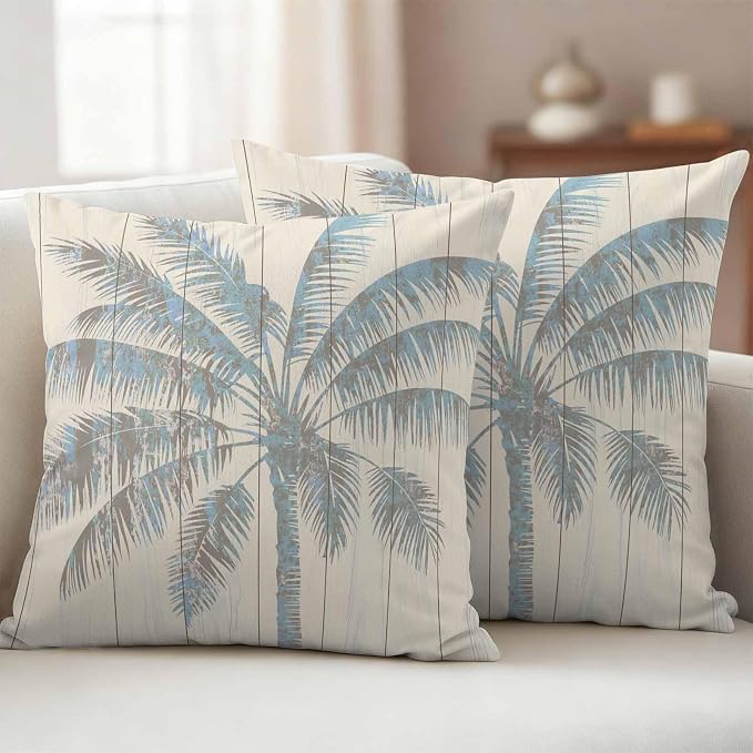 Summer Palm Trees Waterproof Outdoor Pillow Covers 26''x26'' Set of 2, Summer Wood Grain Patio Furniture Vintage Cushion Covers for Chairs, Decorative Blue Tropical Pillow Cases for Garden/Pool/Beach