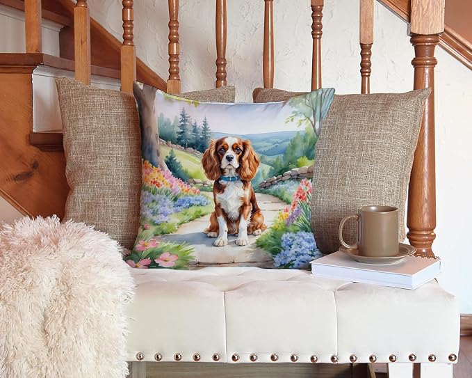 Caroline's Treasures Cavalier Spaniel Spring Path Throw Pillow Machine Washable, Indoor Outdoor Decorative Pillow for Couch, Bed or Patio, 14Hx14W