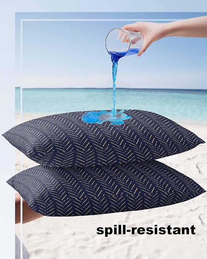 Navy Blue Gold Striped Outdoor Pillow Covers Waterproof,All Weather Cushion Case Set of 2 Lumbar Pillowcase for Sofa Couch Bed Decor Patio Furniture 20"x12" Contemporary Minimalist Boho Geometric