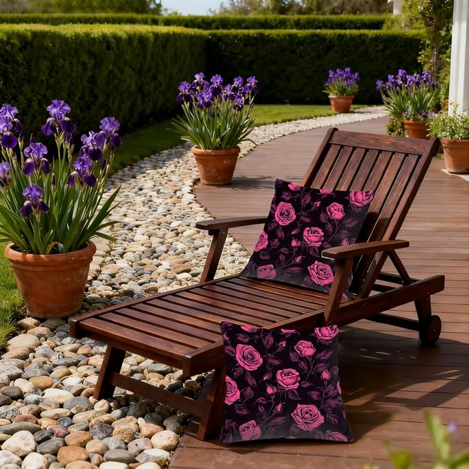 16x16 Inch Outdoor Pillow Covers Set of 2 Waterproof Throw Pillow Covers Decorative Couch Cushion Covers Pink Roses Plant Square Pillowcases Protectors for Patio Garden Sofa