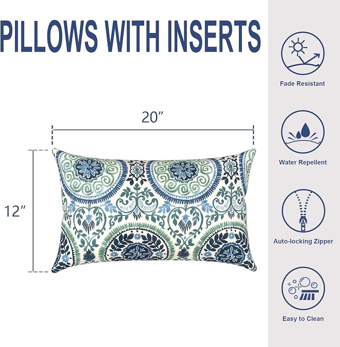 Outdoor Lumbar Pillows 12x20 Inch, Water Repellent Cushion Pillows, Outdoor Pillows with Inserts for Home Garden Pack of 2, Celadon Wreath