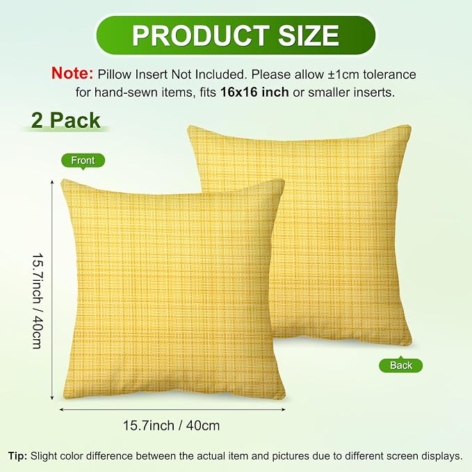 M METERXITY 2-Pack Outdoor Waterproof Throw Pillow Cover, 16x16 Inch Linen Weaving Texture Decorative Cushion Cover for Patio/Balcony/Garden, Water Resistant Pillow Case [Yellow]