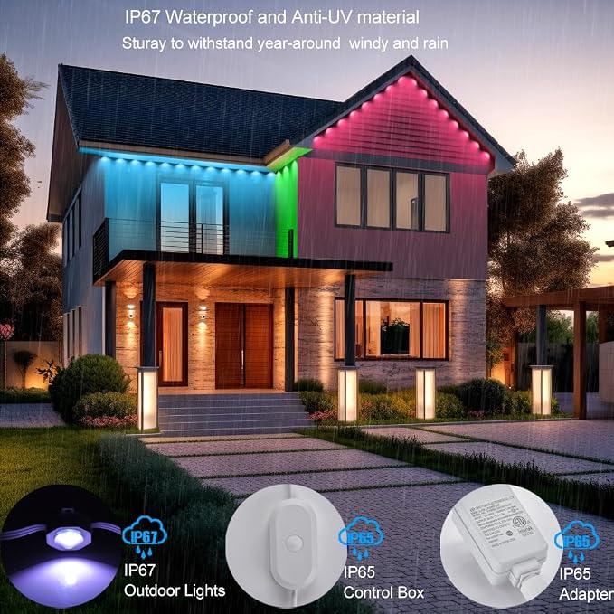 Permanent Outdoor Lights for House,100ft RGB+IC Color Eave Lights | Tunable Warm to Cool White 60lm for Daily Lighting,Super Bright, IP67 Waterproof, Alexa Google APP Remote Control
