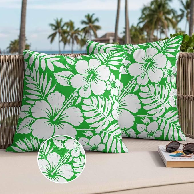 Green Hibiscus Flowers Waterproof Outdoor Pillow Covers Set of 2 Home Decor, Tropical Monstera Leaves Pillowcase Patio Pillow Covers for Couch Bench Patio Furniture Garden 18x18in