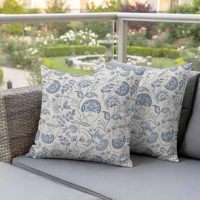 Outdoor Pillow Covers 18x18 Set of 2, Blue Paisley Waterproof Patio Throw Pillow Covers for Couch Sofa Chair, Vintage Boho Flower Botanical Leaf Branch Decorative Pillowcases for Throw Pillows
