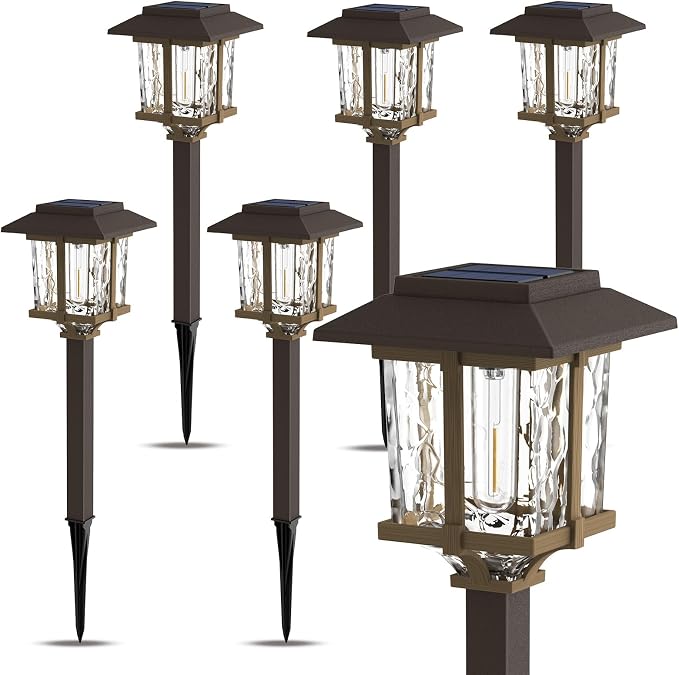 XMCOSY+ Solar Outdoor Lights Waterproof, 2-Tone Solar Garden Lights, 6 Pack | IP65 Waterproof Warm Glow, White Water Glass & Stainless Steel, Landscaping Decor for Garden Yard Pathway Driveway Walkway