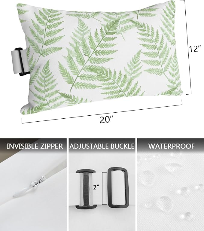 Lumbar Pillow Covers Set of 2, Green Ferns Waterproof Outdoor Chaise Lounge Pillow Covers with Elastic Strap, Spring Summer Botanical Leaves Headrest Pillowcase for Patio, 12 x 20