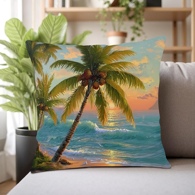 Tropical Throw Pillow Covers Coconut Palm Tree Pillow Covers 24x24 Summer Sunset Coastal Outdoor Pillowcases Hawaiian Sea Wave Cushion Cases for Home Farmhouse Sofa Couch 2 Pcs
