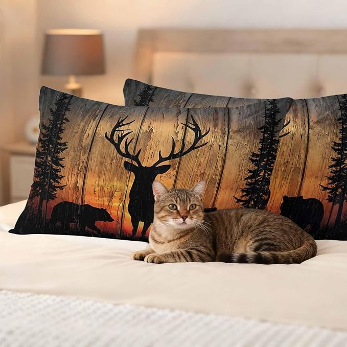 Yukro Wildlife Scene Outdoor Waterproof Pillow Covers Pack of 2, Nature Deer Bear Pine Trees Silhouette Sunset Throw Pillowcases Decorative Cushion Covers for Garden Patio Tent Sofa Couch, 20x12 inch