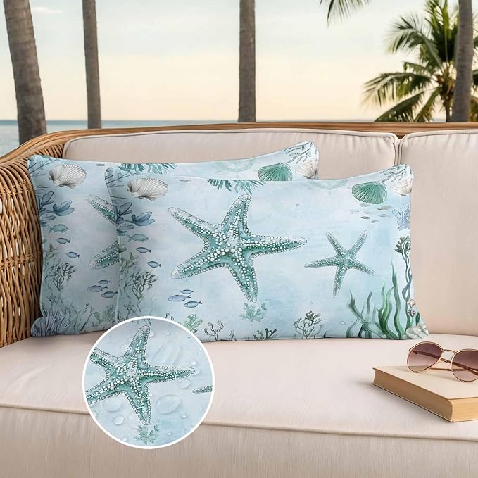 Coastal Starfish Waterproof Outdoor Pillow Covers Set of 2 Home Decor, Nautical Coral Tropical Fish Seashells Pillowcase Patio Pillow Covers for Couch Bench Furniture Garden 20x12in