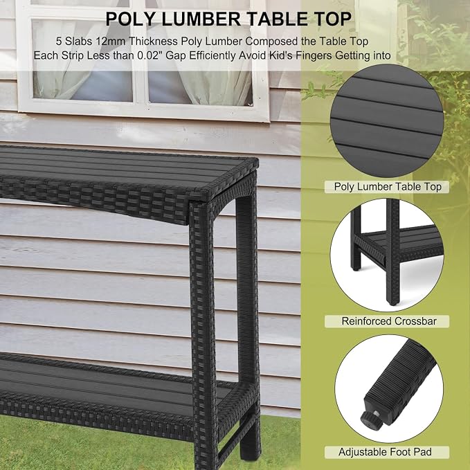 Outdoor Console Table Patio Buffet Bar Storage Organizer 45" Long Wicker Sofa Serving Sideboard Table 2-Shelf Outdoor Narrow Bar Table Tall Rectangle with Adjustable Feet for Entryway Black