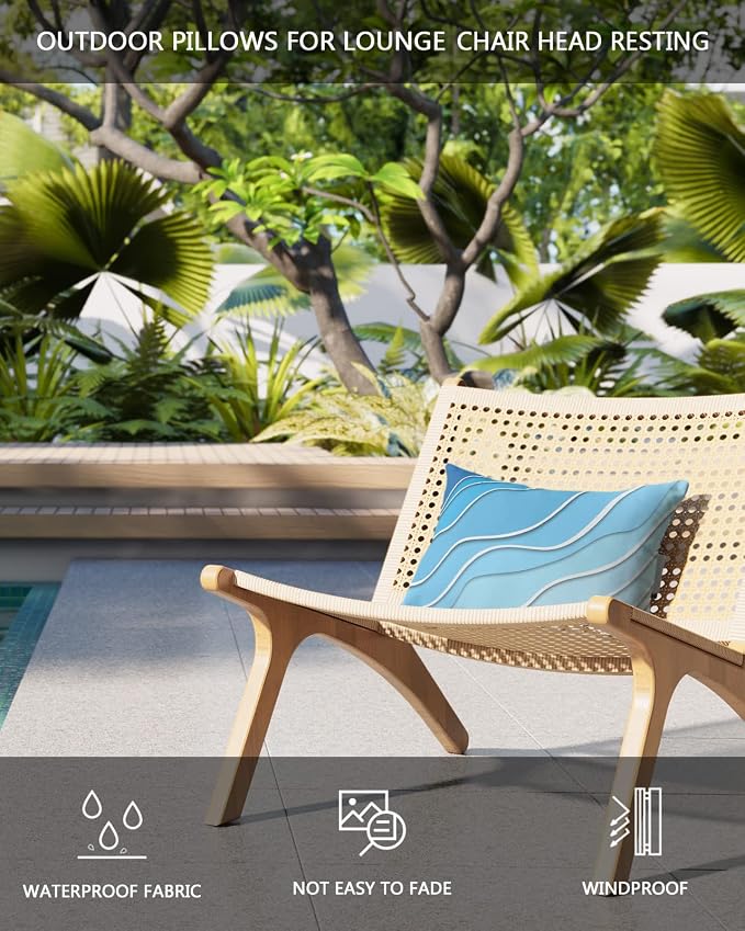 Geometric Ombre Chaise Lounge Pillows Outdoor, Aesthetic Blue White Gradient Abstract Head Pillows, Modern Waterproof Patio Furniture Lumbar Pillows with Adjustable Elastic Strap for Recliner Beach