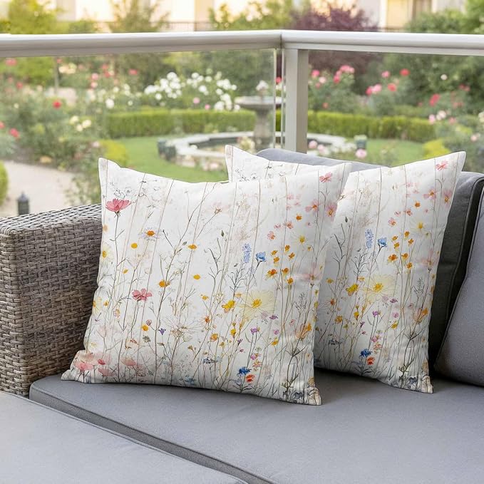 Vintage Flowers Waterproof Outdoor Pillow Covers 16''x16'' Set of 2, Botanical Patio Furniture Spring Cushion Covers for Chairs, Decorative Watercolor Wildflowers Pillow Cases for Garden/Pool/Beach