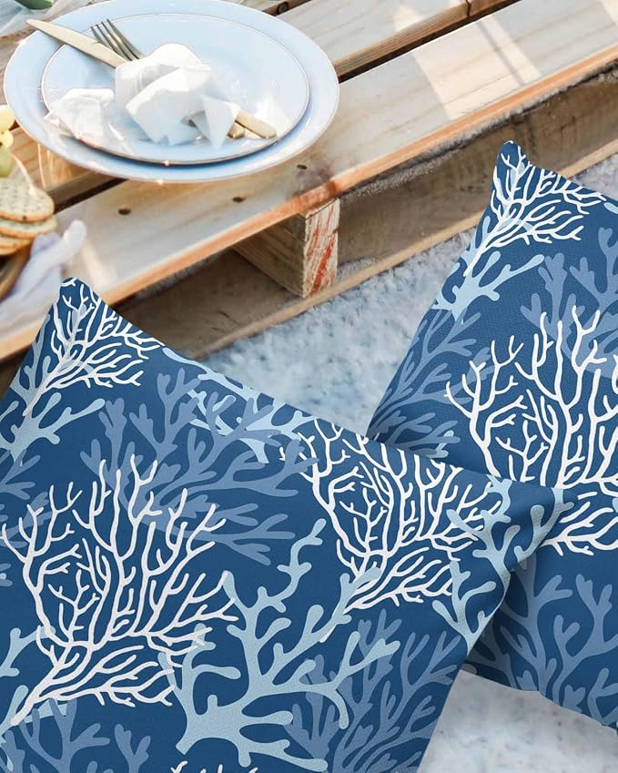 Pack of 2 Outdoor Pillow Covers 16x16 Waterproof Navy Blue Coral Throw Pillow Covers, Decorative Pillowcases Summer Coastal Beach Ocean Cushion Covers for Patio Garden Couch Pillow Case
