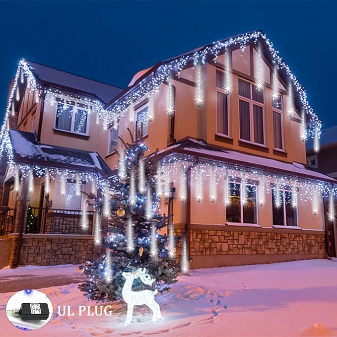 Weepong Christmas Lights Outdoor 32 Tubes 768 LEDs Meteor Shower Lights UL Certified Snow Falling Rain Drop Icicle String Light for Xmas Tree Christmas Decorations Outdoor Wedding Party Window,White