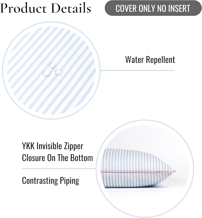 Hofdeco Premium Coastal Grandmillennial Patio Indoor Outdoor Lumbar Pillow Cover Only, 12"x20" Water Repellent for Backyard, Couch, Poolside, Baby Blue Pink Print Stripes