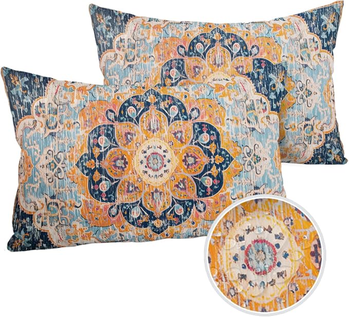 Outdoor Waterproof Pillow Covers Set of 2, Meddle Century Vintage Blue Carpet Mural Pattern Patio Throw Pillow Covers, Decorative Cushion Case for Couch Sofa Furniture Garden, 20x12 Inch