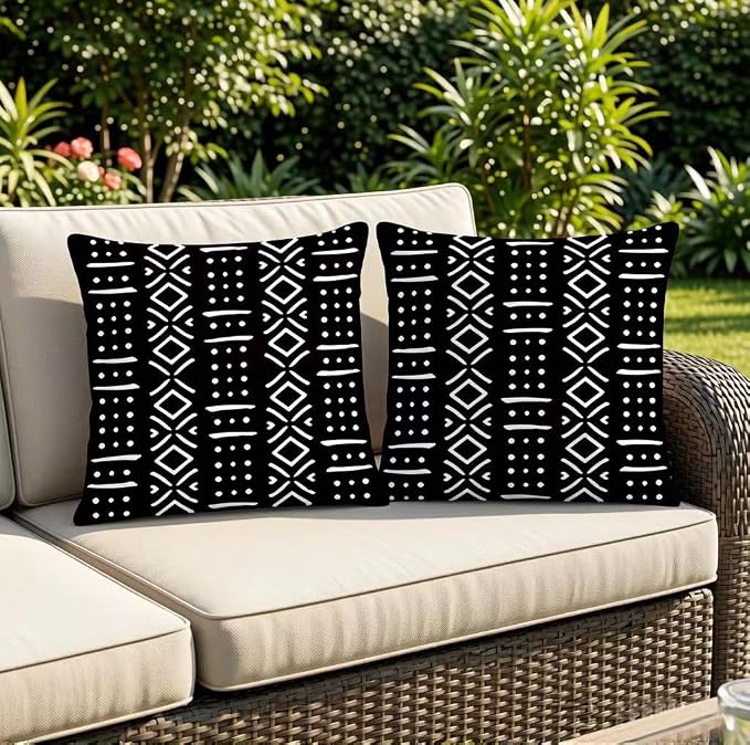 Merrycolor Black Outdoor Waterproof Decorative Throw Pillow Covers Set of 2 Bohemian Geometric Pattern Cushion Covers Perfect for Farmhouse Patios and Gardens Black