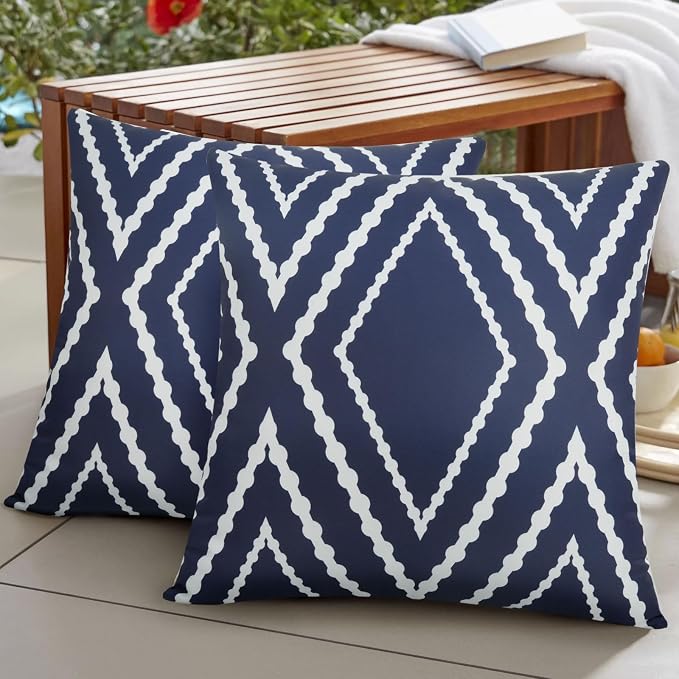 Adabana Outdoor Waterproof Pillow Covers 16x16 Navy Blue | Geometric Decorative Throw Pillow Covers Set of 2 for Patio, Garden, Porch, Farmhouse