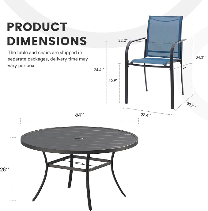 9 Pieces Patio Dining Set, 53" Round Dining Table with Umbrella Hole, 8 Stackable Textilene Fabric Chairs, Metal Structure for Patio, Porch, Garden(Black Table, Blue Chair)