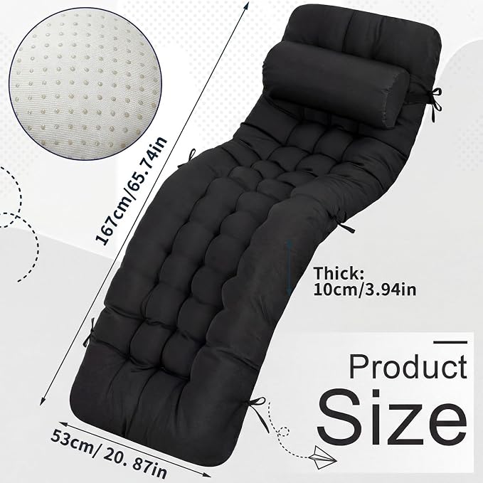 Tudomro Outdoor Chaise Lounge Cushion 66x21x4'' Waterproof & Fade-Resistant Patio Pool Chaise Lounge Cushion Headrest Pillow Tie Replacement Rocking High Back Chair(Black,Set of 2)