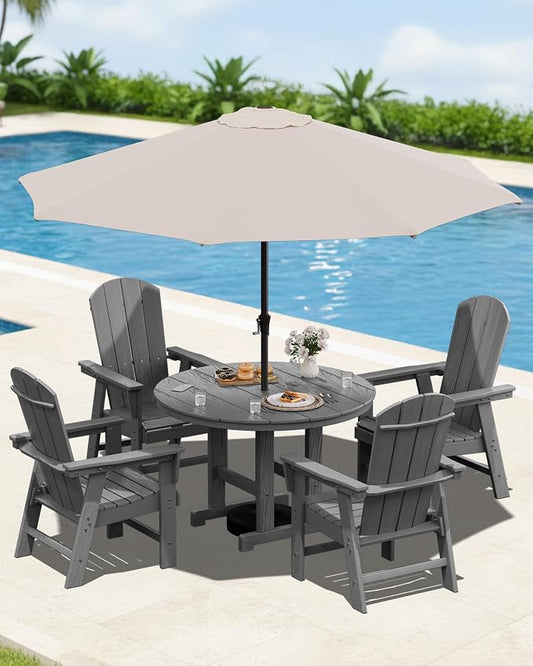 SERWALL 6-Piece Patio Dining Sets with Umbrella, HDPE Outdoor Table and Chairs Furniture Set, 45" Round Dining Table & 4 Adirondack Dining Chairs & 1 9FT Umbrella, Grey(Not Include Umbrella Base)
