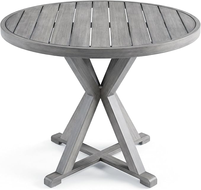 Martha Stewart Bedford 36" Round Indoor-Outdoor Aluminum Patio Dining Table with Trestle Base, Accommodates up to 4 Adults, Brushed Gray Woodgrain Finish