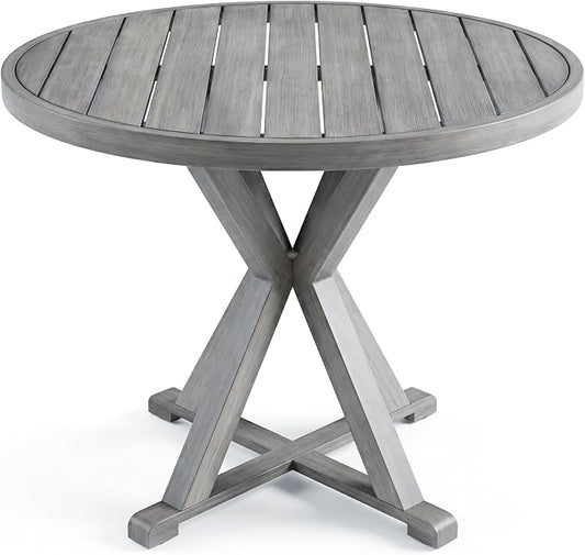 Martha Stewart Bedford 36" Round Indoor-Outdoor Aluminum Patio Dining Table with Trestle Base, Accommodates up to 4 Adults, Brushed Gray Woodgrain Finish