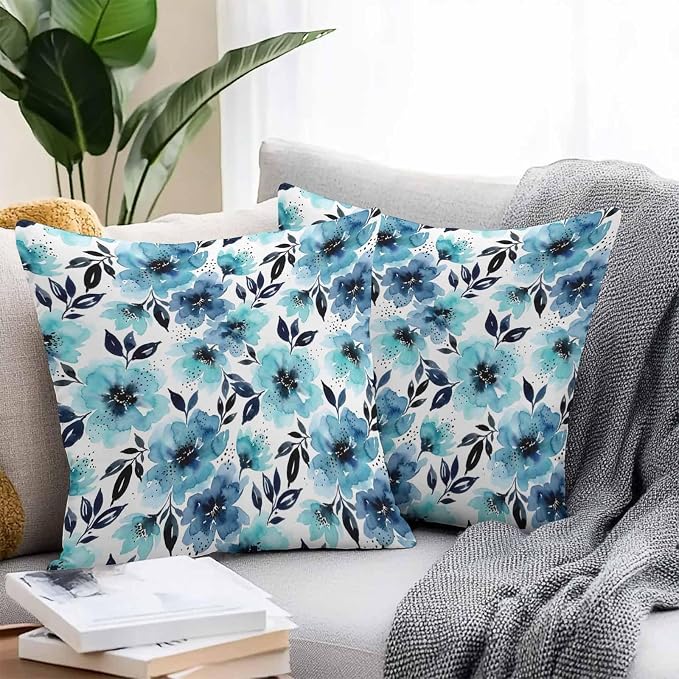 Botanical Floral Leaves Outdoor Waterproof Pillow Covers Pack of 2, Watercolor Painting Blue Gradient Blooms Throw Pillowcases Decorative Cushion Covers for Garden Patio Tent Sofa Couch, 18x18 inch