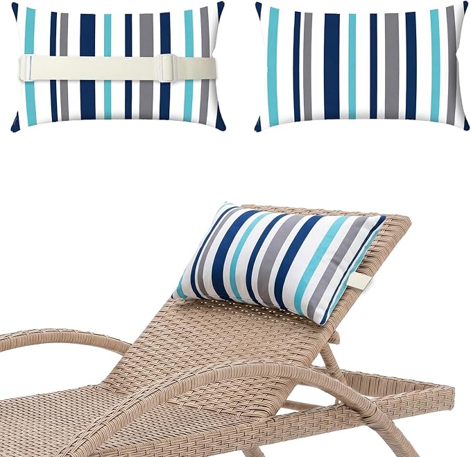 Chaise Lounge Head Pillow Oudoor Patio Pillow with Elastic Strap | 2 Pack Water Resistant Headrest Pillows for Recliner, Beach Chair, Office Chair, Stripes