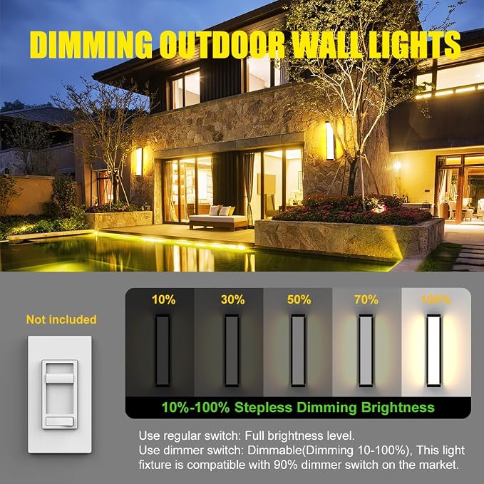 Dimmable Outdoor Wall Lights 2Packs,10%-100% Dimming,23.6in LED Modern Patio Wall Light Fixture, Black Exterior Sconce for Garage Courtyard Commercial House(3000K)