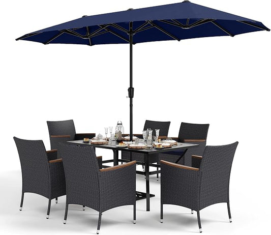 Sophia & William 7 Pieces Patio Dining Set with 13ft Navy Patio Umbrella, Outdoor Dining Set for 6 People, 60" Metal Patio Table and Rattan Chairs, Outdoor Patio Furniture with Seat Cushion