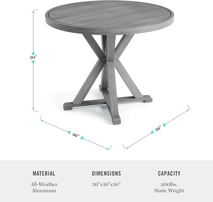 Martha Stewart Bedford 36" Round Indoor-Outdoor Aluminum Patio Dining Table with Trestle Base, Accommodates up to 4 Adults, Brushed Gray Woodgrain Finish
