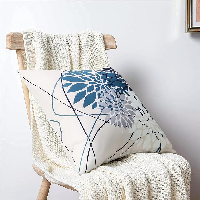 Pyonic Outdoor Throw Pillow Covers 18x18 Waterproof Pillow Covers Geometric Flower Pillow Case Farmhouse Summer Square Cushion Cover for Patio, Garden, Balcony,Set of 2 (18 x 18-Inch, Navy Blue)