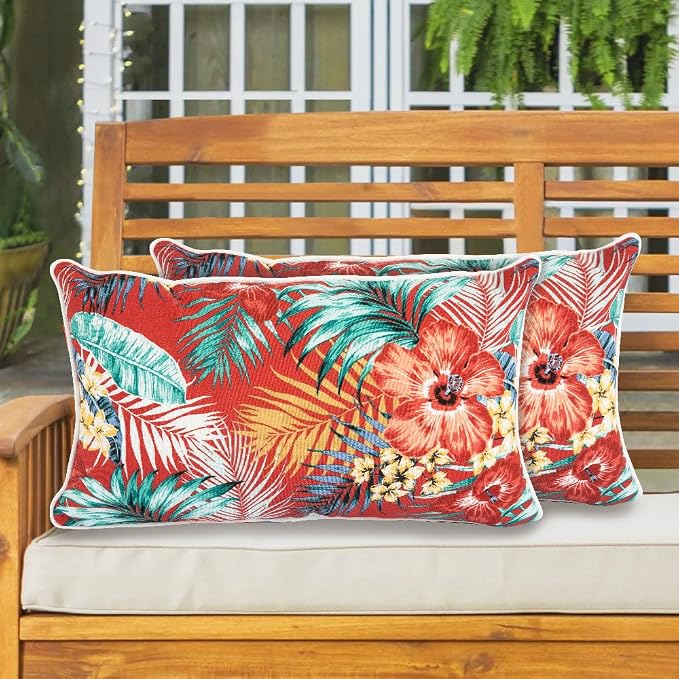 Lumbar Pillow with Insert, Set of 2, Outdoor Indoor Waterproof Decorative Patio Lumbar Pillow 12x20 Inch, Rectangular Cushion for Couch Sofa Garden Farmhouse Decoration-Chili Red Floral