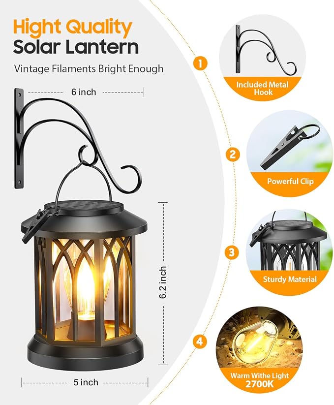 Solar Lantern Outdoor Lights with Metal Hooks, 6 Pack Upgraded Solar Lanterns Outdoor Waterproof, Hanging Solar Lights for Outside Decorative Yard Patio Path Porch Garden Decor
