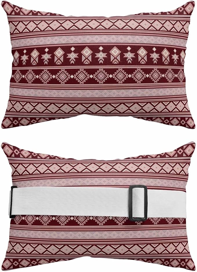 Outdoor Lumbar Pillow Set of 1, Red Boho Striped Waterproof Beach Headrest Pillow with Inserts, Southwestern Ethnic Tribe Vintage Recliner Throw Pillows for Patio Furniture, 12 x 20