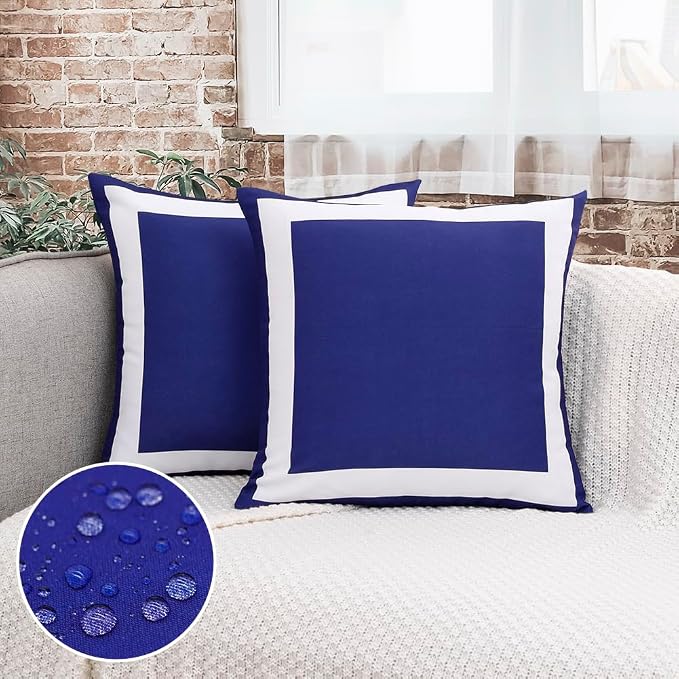 JOJOGOGO Navy Blue Outdoor Throw Pillow Covers Waterproof 18x18 Set of 2, Navy Decorative Outdoor Waterproof Sunburn Resistant Cushion Boho Pillows 18 x 18 for Patio Furniture Bench (White Border)