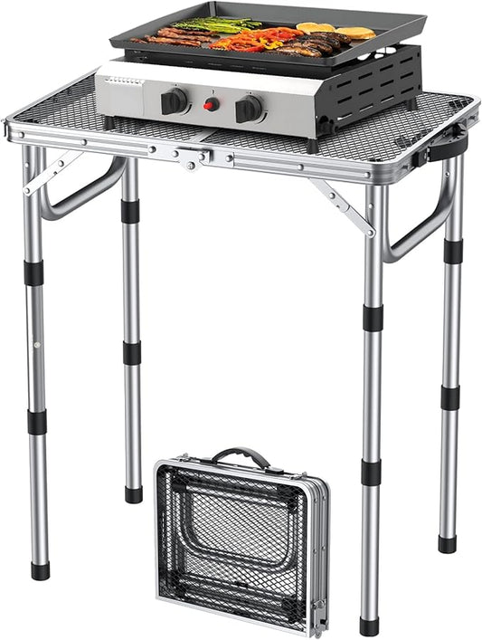 FUNYKICH Folding Grill Table for Outside, 3 Height Adjustable Portable Camping Tables, Lightweight Metal Aluminum Outdoor Table with Portable Handle for Camping, Picnic, BBQ, 23''x16'', Silver