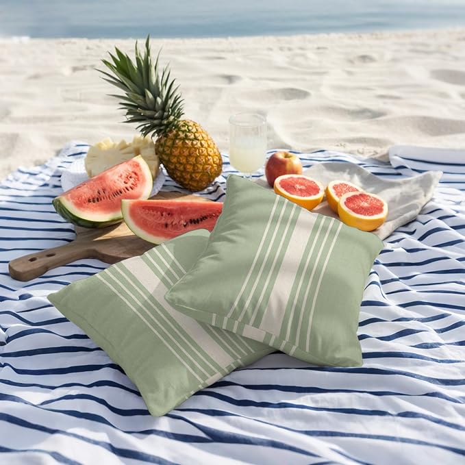 Sage Green Beige Striped Outdoor Pillow Covers 24x24 Inch Throw Pillow Covers Set of 2 Waterproof Decorative Pillow Cases Modern Farmhouse Retro Lines Cushion Covers for Patio Furniture Garden Couch