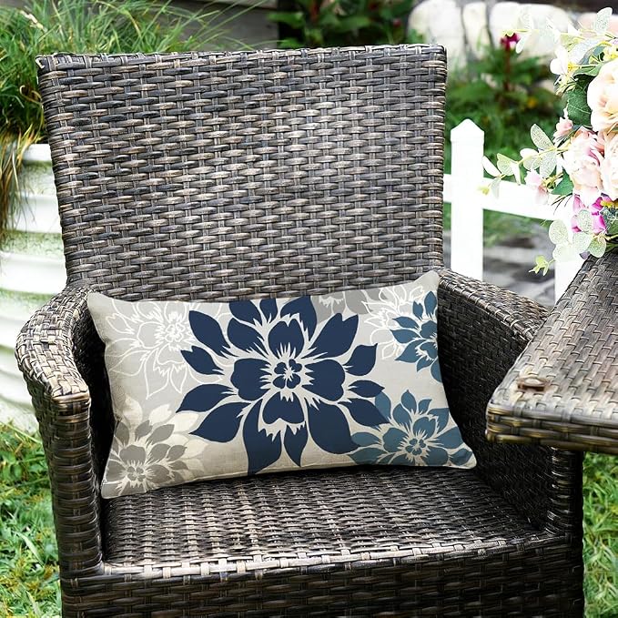 Waterproof Dark Blue Dahlia Floral Outdoor Pillow Covers 12x20 Inch, Decorative Spring Summer Cushion Cases for Living Room Sofa Patio Garden Porch
