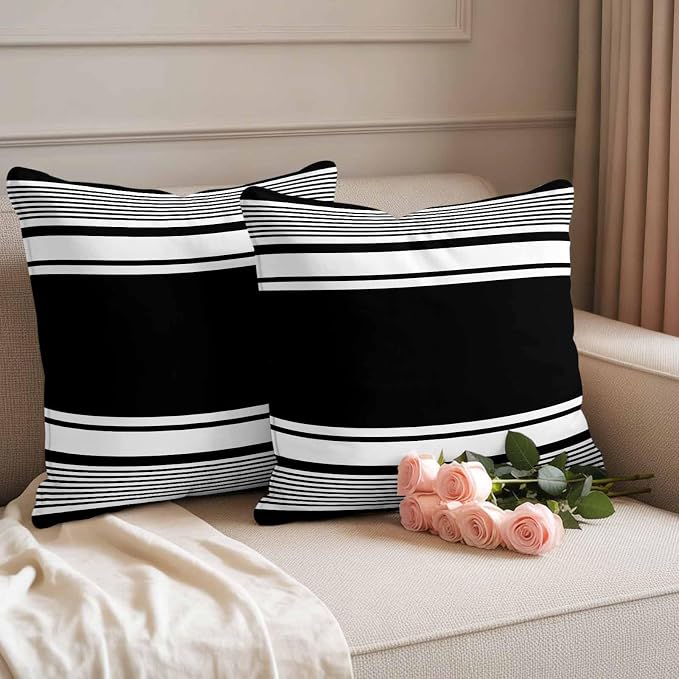 Vandarllin Outdoor Throw Pillows Covers 26x26 inch Set of 2 Waterproof Black Stripes Decorative Zippered Cushion Covers for Patio Furniture, Striped Lines Lumbar Pillowcases