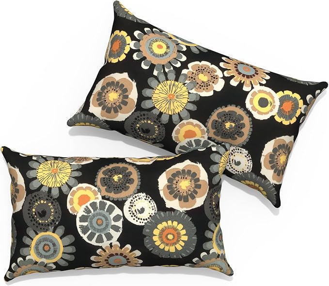 Outdoor Lumbar Pillows 12x20 inch, Rectangle Throw Pillows with Inserts, Decorative Lumbar Cushions for Patio Furniture Garden Couch Home Sofa Office Chair, Pack of 2,Black Yellow Crosby