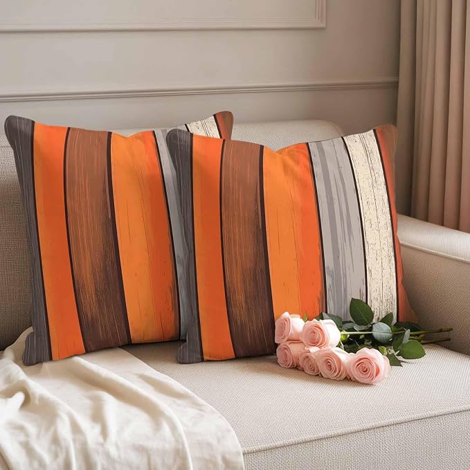 JasmineM Outdoor Pillow Cover 26x26 Inches Set of 2 Orange Brown Gray Striped Waterproof Throw Pillow Covers Retro Wood Grain Decorative Pillowcases Garden Cushion Case for Patio Couch Sofa