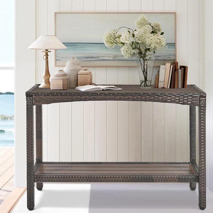 Outdoor Console Table Patio Buffet Bar Storage Organizer 55" Long Wicker Sofa Serving Sideboard Table 2-Shelf Outdoor Narrow Bar Table Tall Rectangle with Adjustable Feet for Entryway Brown