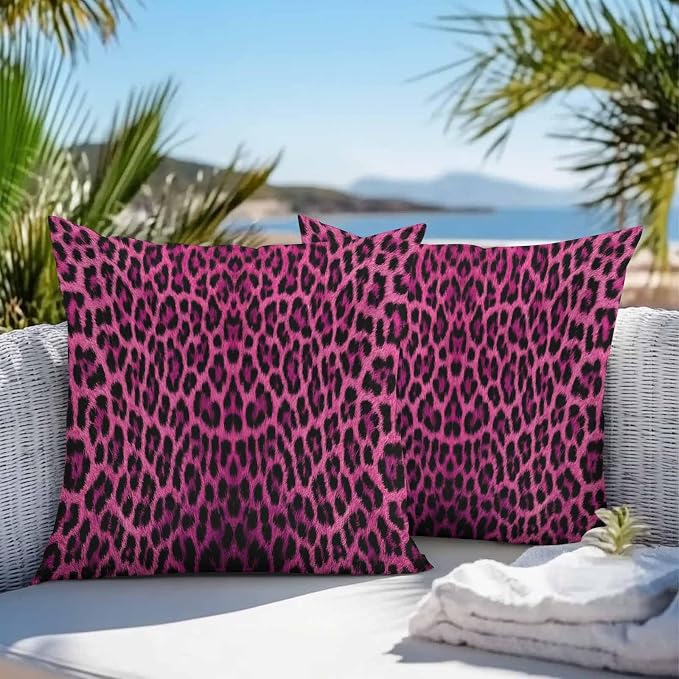 Vandarllin Outdoor Throw Pillows Covers 26x26 inch Set of 2 Waterproof Pink Leopard Print Decorative Zippered Cushion Covers for Patio Furniture, Retro Animal Fur Pattern Lumbar Pillowcases