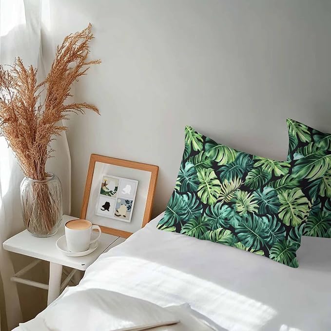 Palm Leaf Waterproof Outdoor Pillow Covers Set of 2 Home Decor, Green Tropical Plant Summer Nature Scenery Pillowcase Patio Pillow Covers for Couch Bench Furniture Garden 20x12in