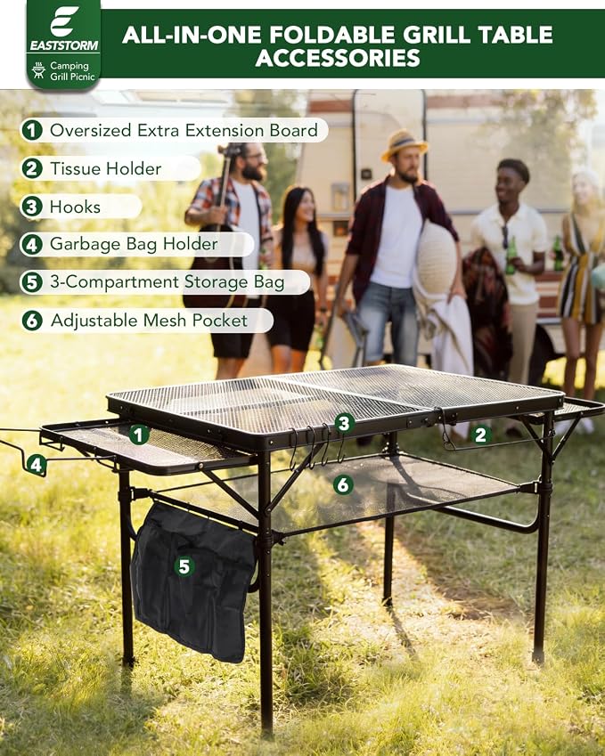 3ft Folding Camping Table with Wing Panels, Metal Mesh Grill Table,2 Adjustable Heights,Folding Table with Storage Net, Paper Towel Holder, Hooks, Trash Bag Rack, for Picnic,Camping,BBQ,Beach(Black)