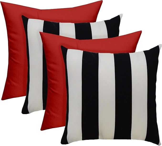 RSH DECOR Set of 4 Square Throw Pillows | Indoor/Outdoor All Weather Polyester Fabric | Decorative Accent Pillows for Patio Furniture | Reversible | 17" x 17" | Heritage Red + Black & White Stripe